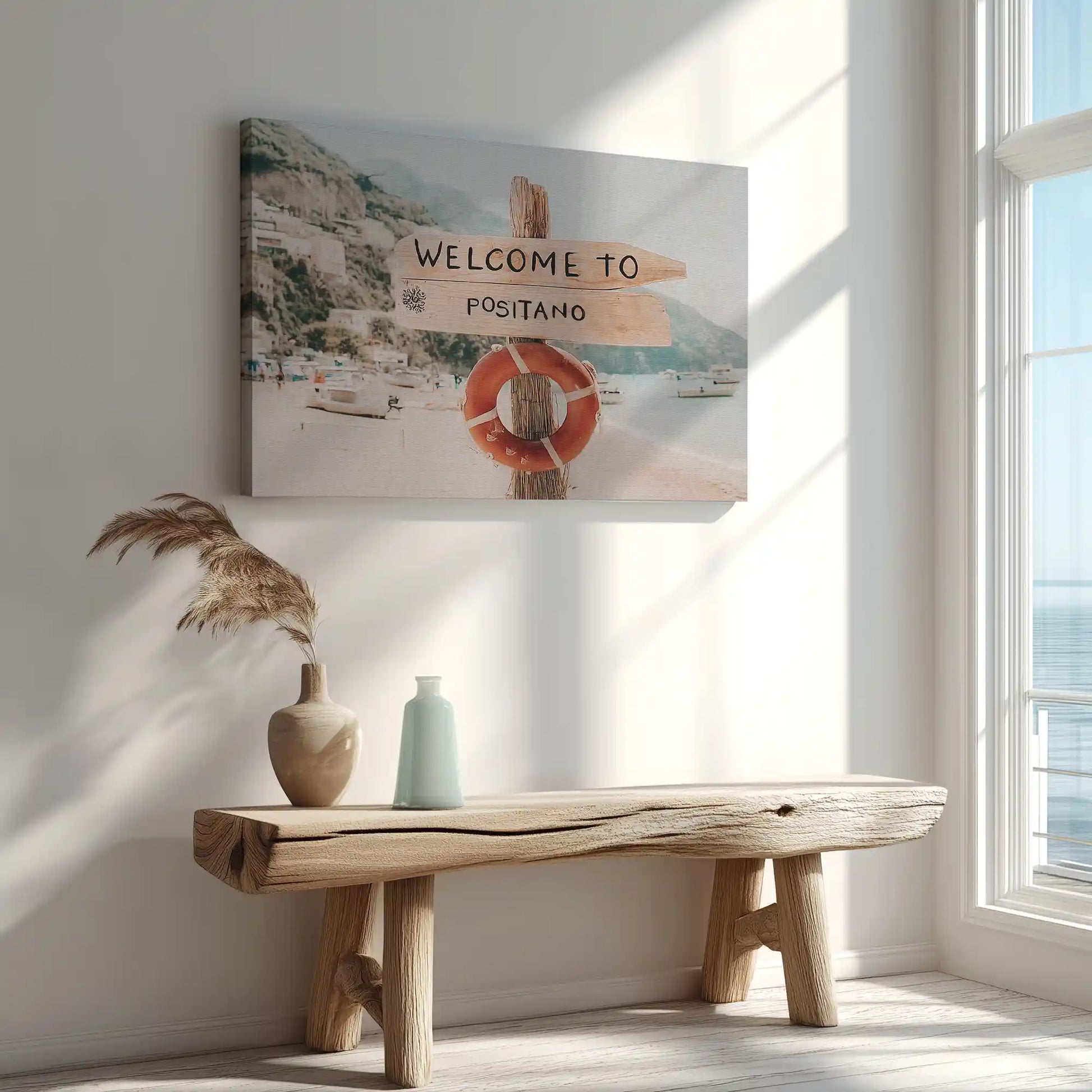 Nautical canvas wall art of lifebuoy signpost welcoming visitors to Positano’s coastline