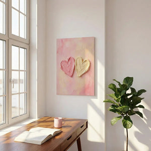 Romantic canvas wall art with sculptural acrylic hearts in pink and cream centered on a soft pastel backdrop.