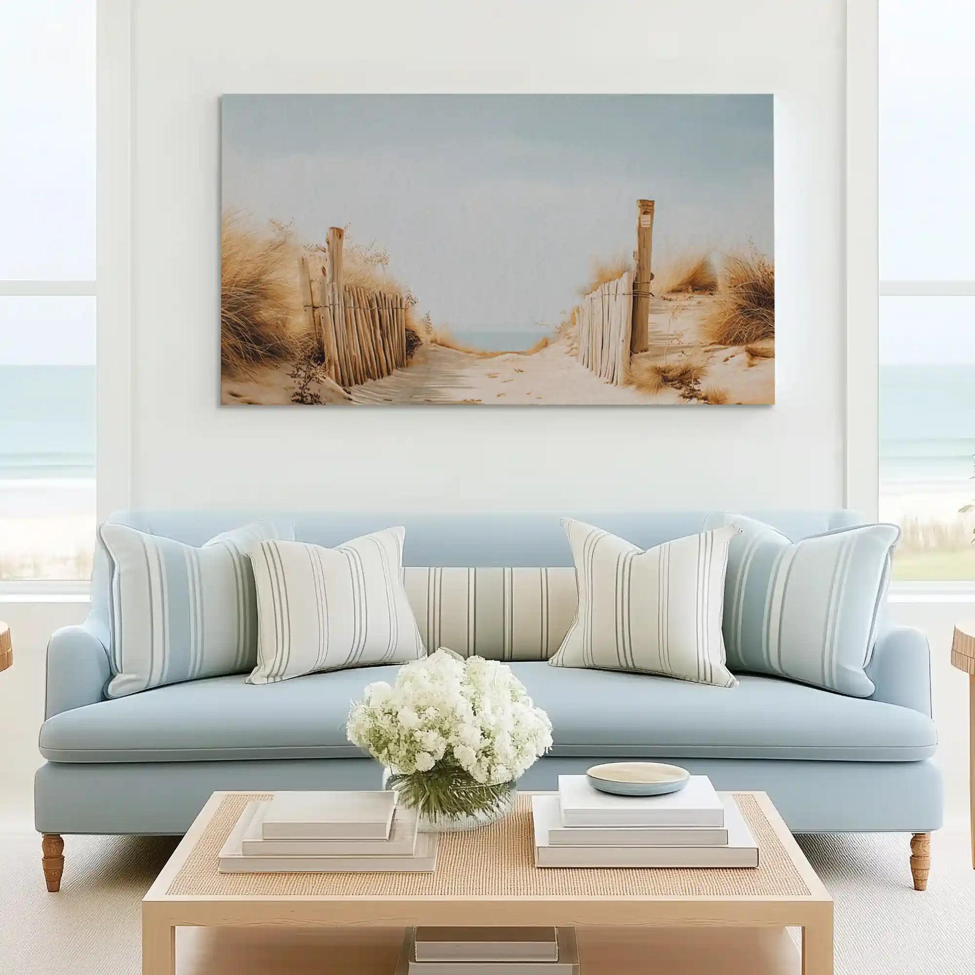 Neutral beach entry canvas wall art complementing Scandinavian-inspired décor