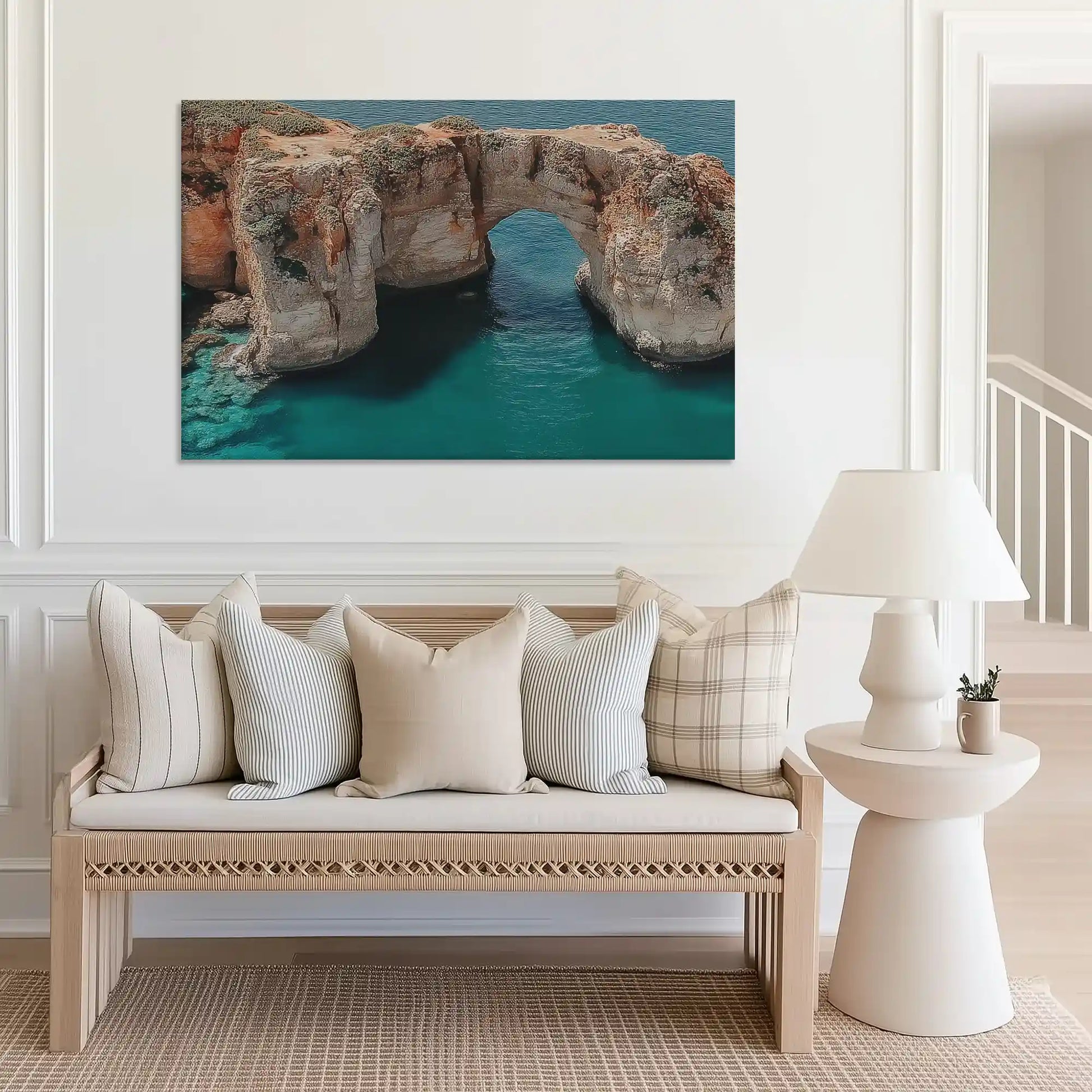 Extra large seaside cliff canvas art perfect for above sofa placement in airy coastal interiors