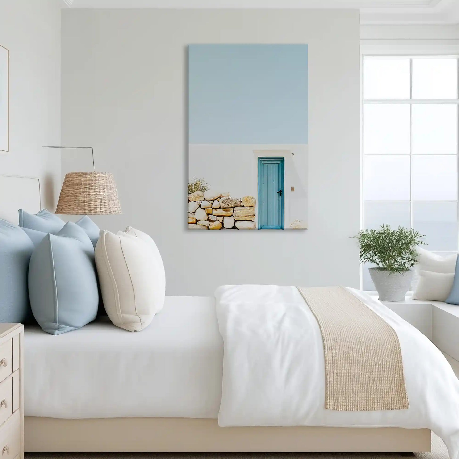 Tranquil village facade canvas art complementing light and airy home decor with soft hues