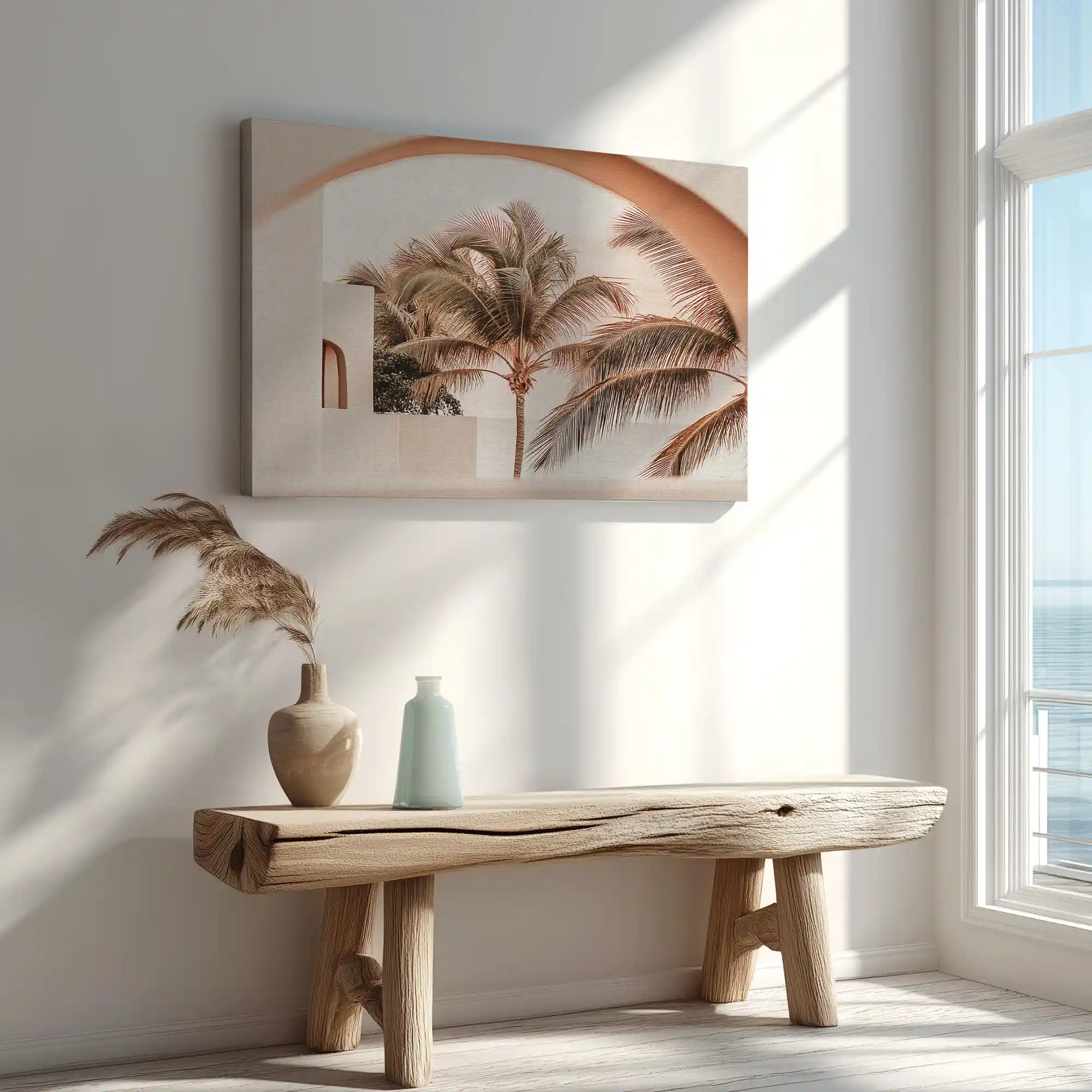 Palm tree courtyard painting captured in canvas art with Mediterranean style