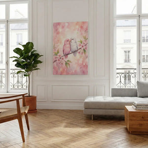 Gallery wrapped canvas portraying a gentle bird duo on a blooming branch, with delicate brushwork and pastel colors.