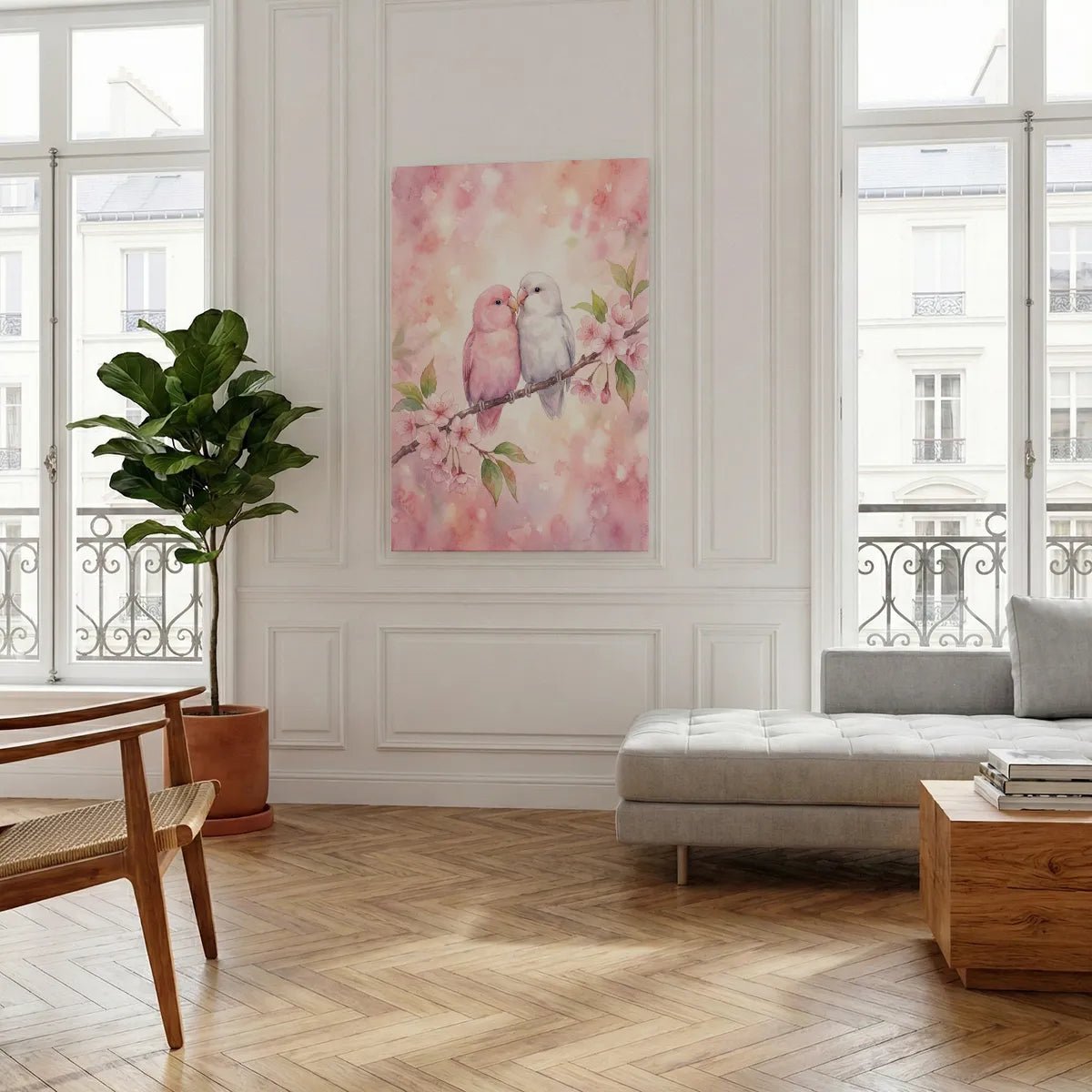 Gallery wrapped canvas portraying a gentle bird duo on a blooming branch, with delicate brushwork and pastel colors.