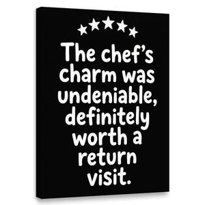 Minimalist canvas wall art featuring a playful food quote in white text with five stars above on a solid black background.