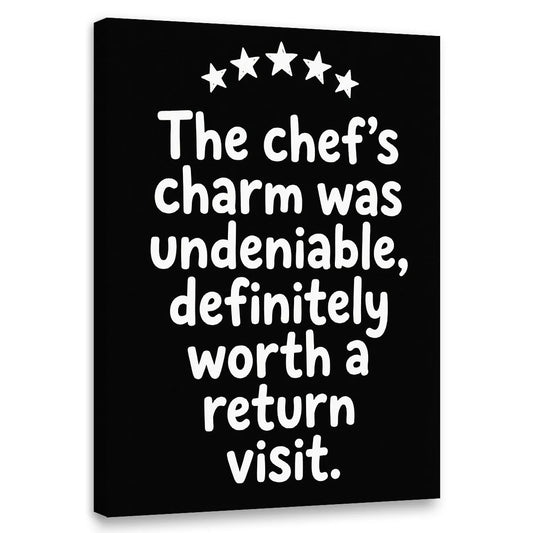 Minimalist canvas wall art featuring a playful food quote in white text with five stars above on a solid black background.