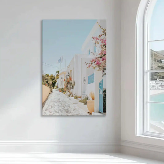 Soft blue and white village wall art bringing bright coastal charm