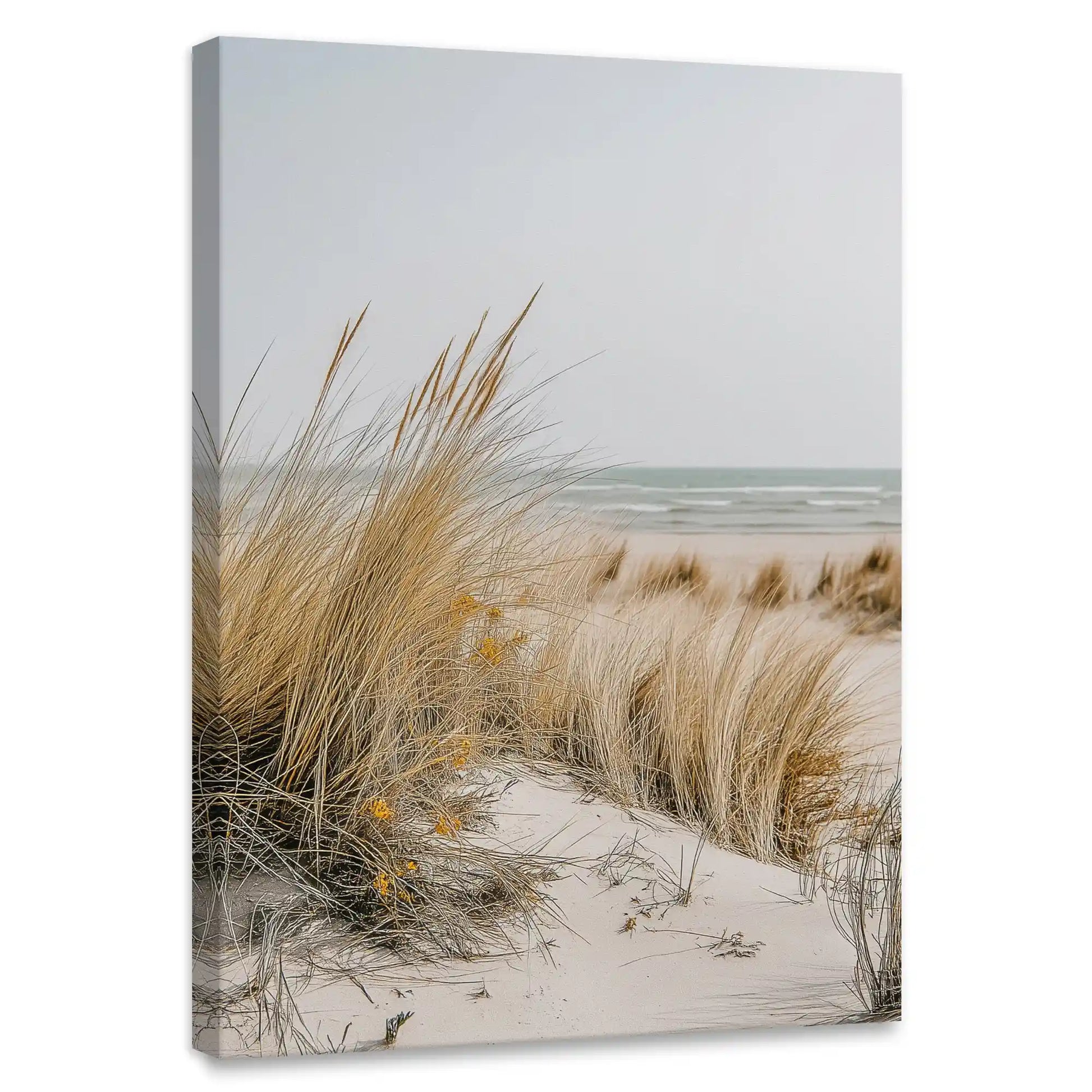 Neutral coastal grass canvas wall art for bedroom featuring dune reeds and soft ocean horizon