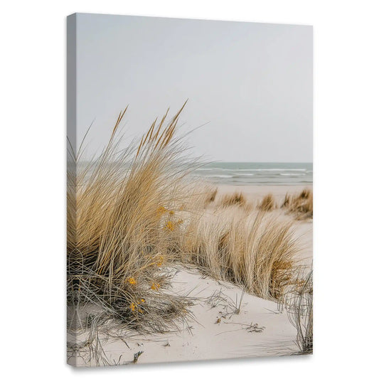 Neutral coastal grass canvas wall art for bedroom featuring dune reeds and soft ocean horizon