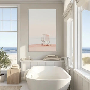 Neutral pastel lifeguard canvas art enhancing modern wall decor with soft coastal elegance