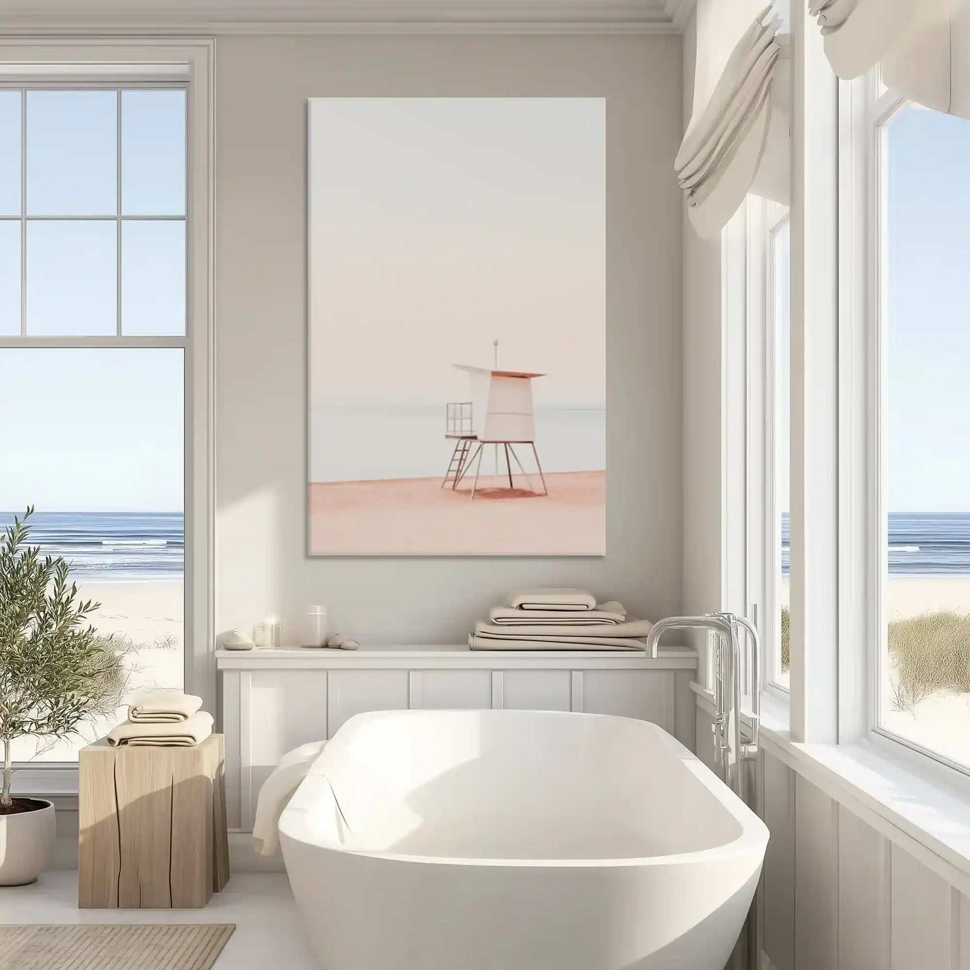 Neutral pastel lifeguard canvas art enhancing modern wall decor with soft coastal elegance