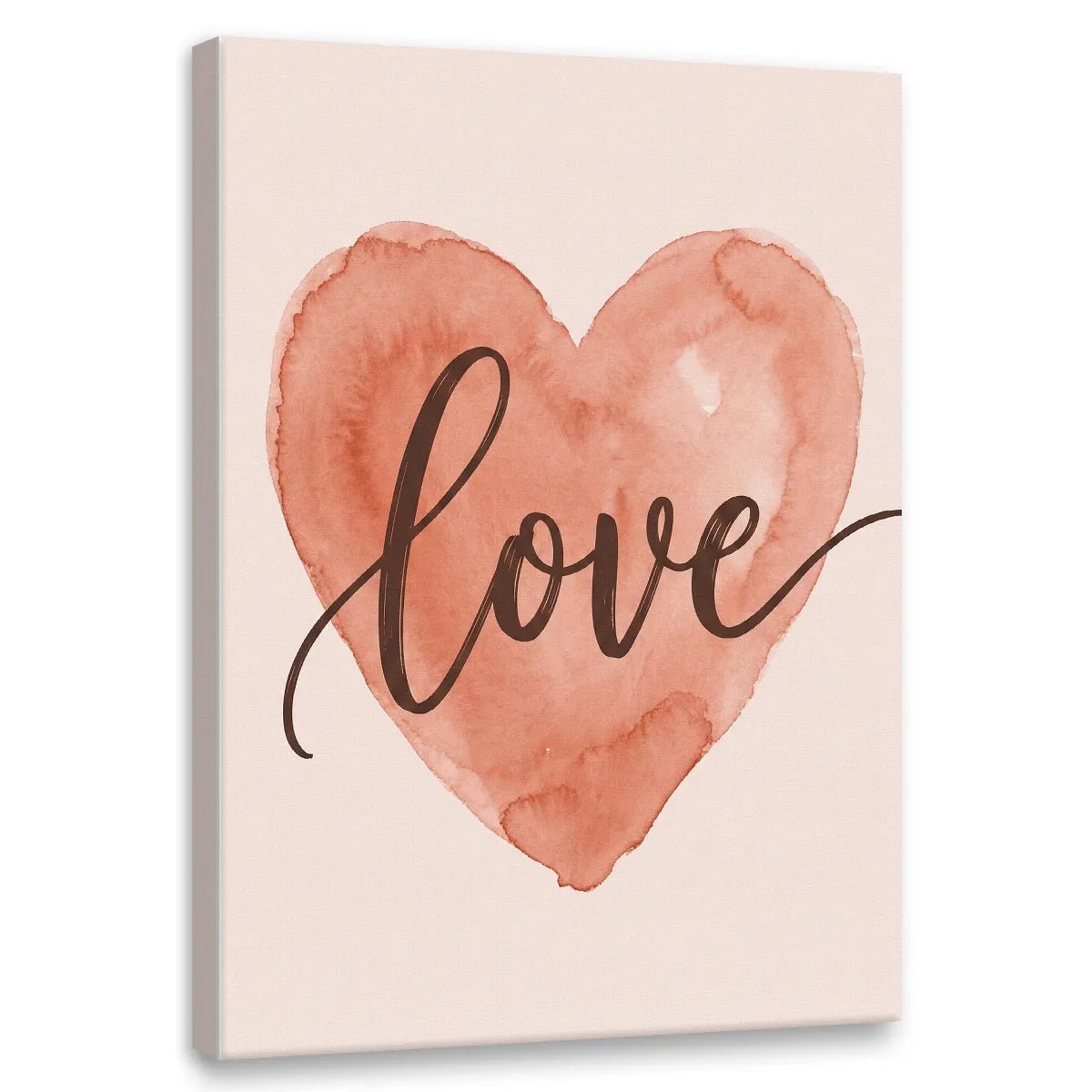 Minimalist canvas wall art featuring a large soft pink watercolor heart with the word 'love' in elegant cursive overlay.