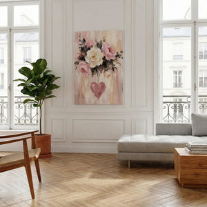 Canvas wall art print with pink and white roses above a heart, styled for romantic-themed home decor