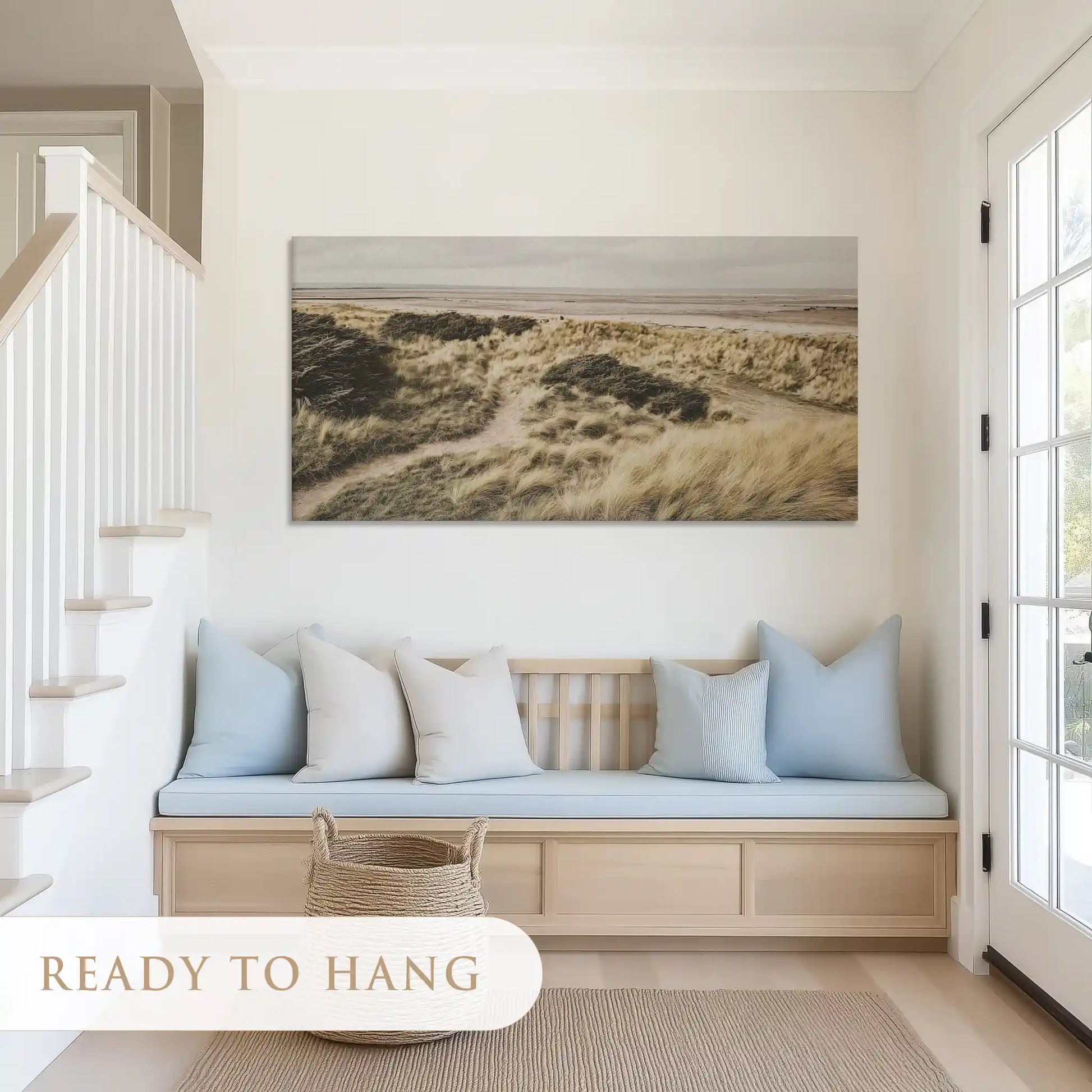 Tranquil dune horizon canvas art with earthy tones for serene living room design