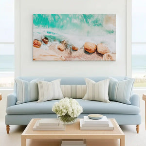Ocean-inspired canvas wall art in teal and beige for contemporary coastal interiors