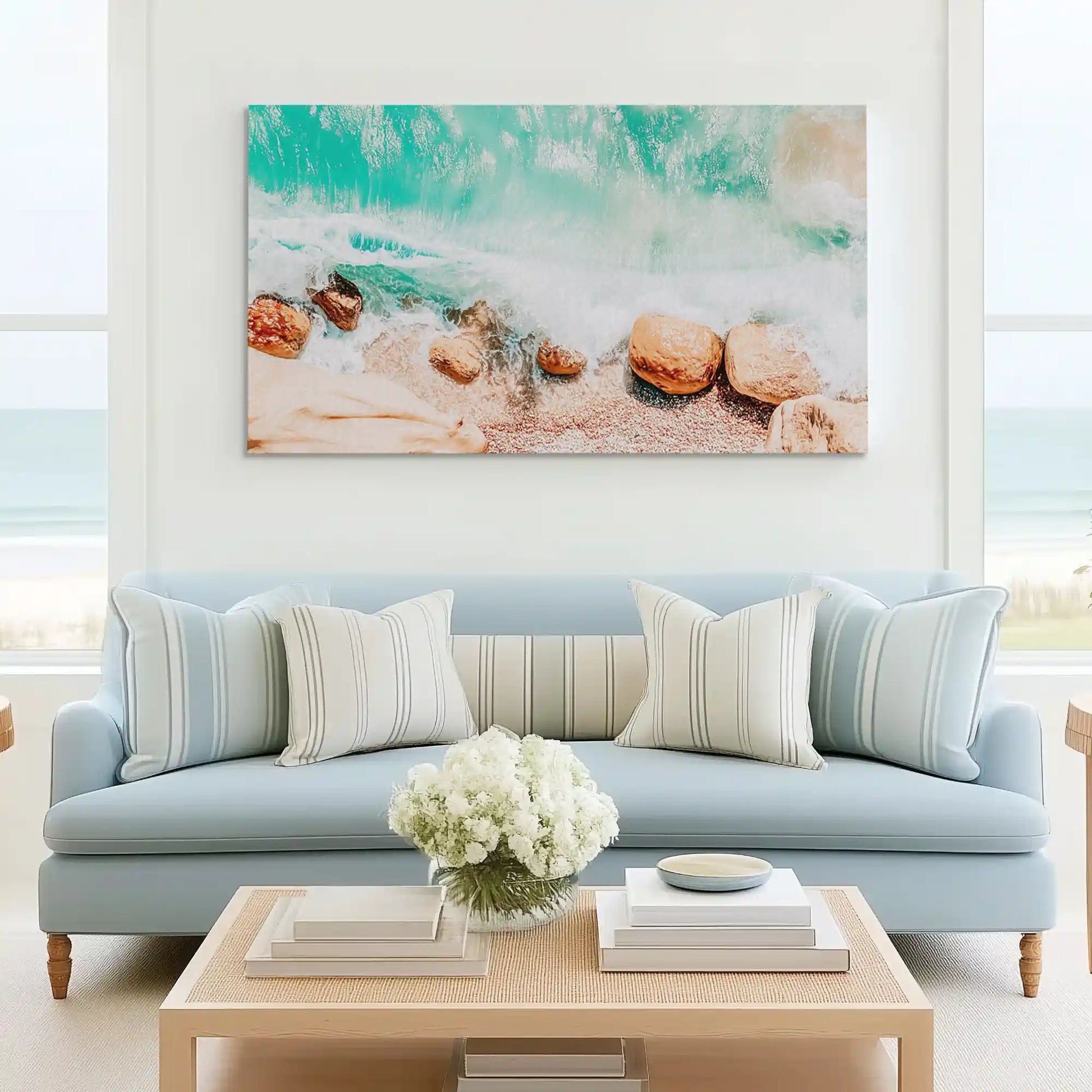 Ocean-inspired canvas wall art in teal and beige for contemporary coastal interiors