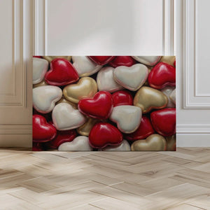 Fine art canvas featuring a dense arrangement of metallic-accented hearts in a modern romantic style