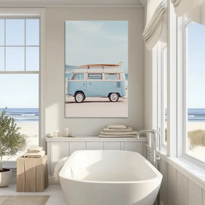 Neutral coastal surf van canvas art enhancing contemporary wall decor with retro tones