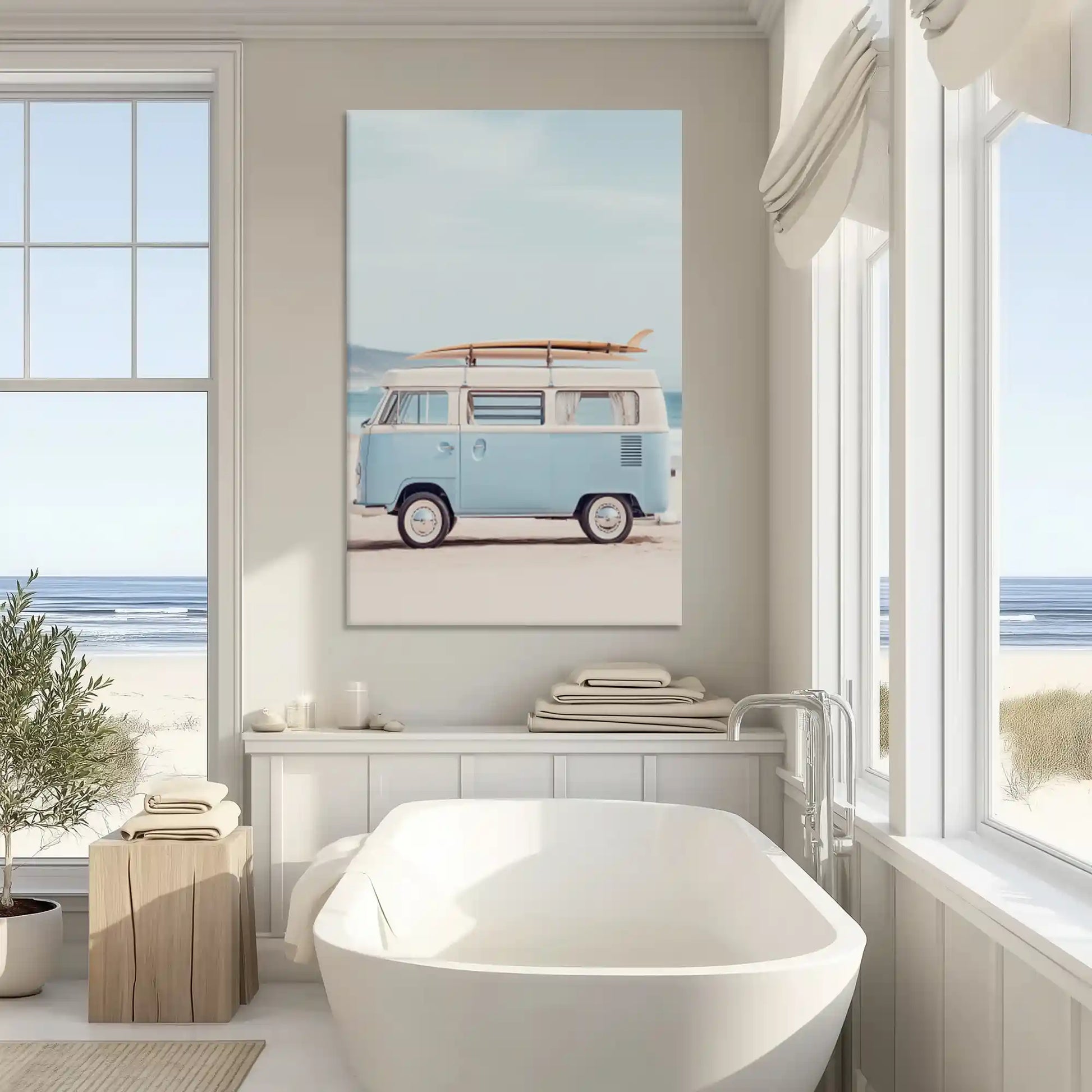 Neutral coastal surf van canvas art enhancing contemporary wall decor with retro tones