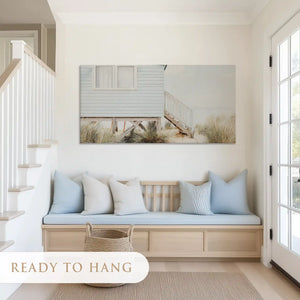 Peaceful beachside cabin canvas art with soft tones for airy modern interiors