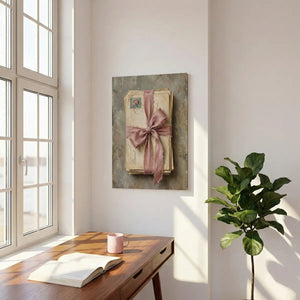Realistic canvas print of nostalgic love letters with a visible green stamp and soft painterly brushwork in muted tones.