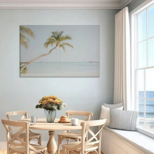 Soft pastel palm tree canvas art enhancing serene and light-filled bedroom walls