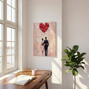 Impressionist canvas wall art of a loving couple seen from behind under a rose petal heart, with soft pink and red tones