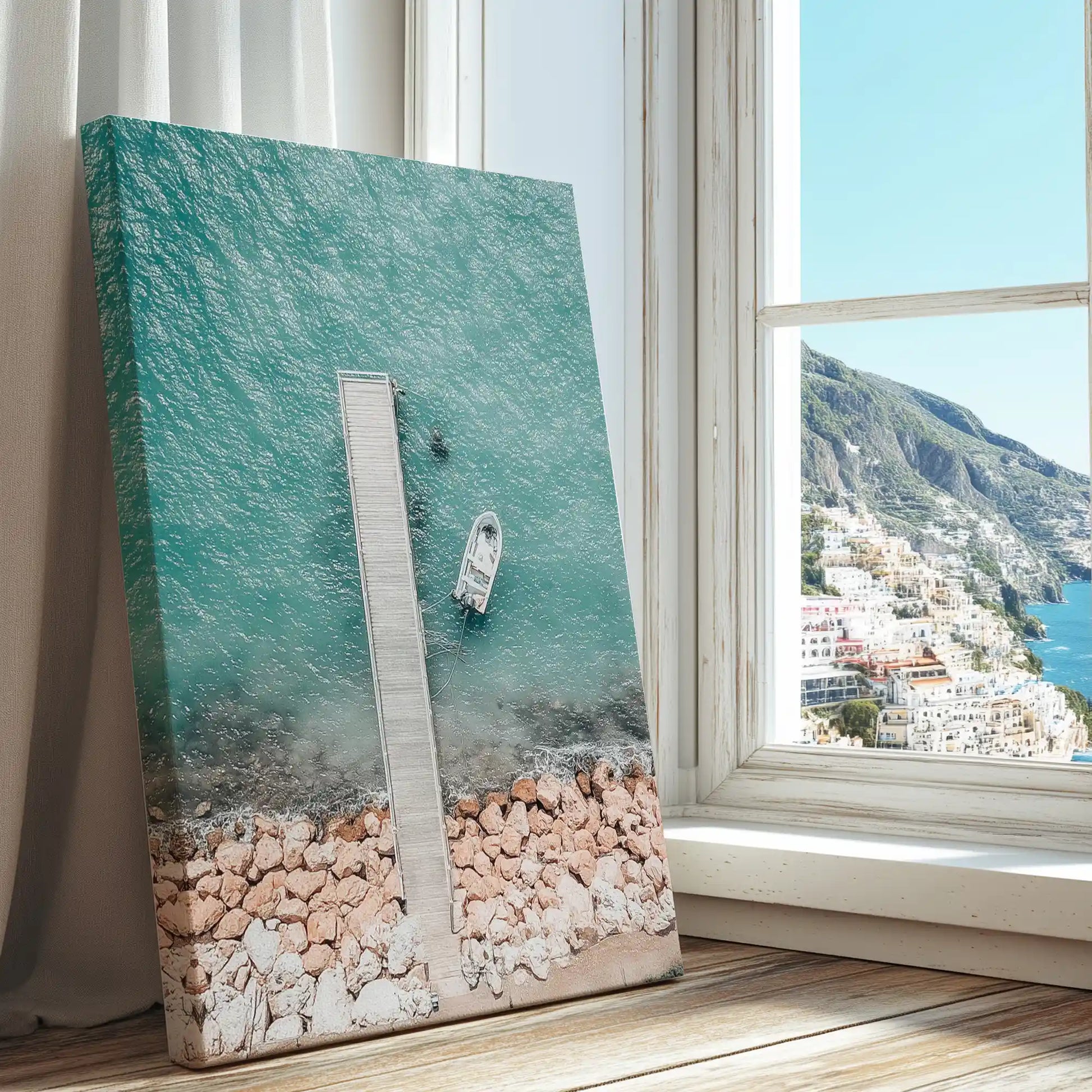 Seaside pier captured in canvas print with modern minimalist style and soothing aqua tones