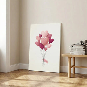 Romantic canvas print with clean lines and flat shading, depicting heart balloons gathered by a pink ribbon and labeled LOVE.