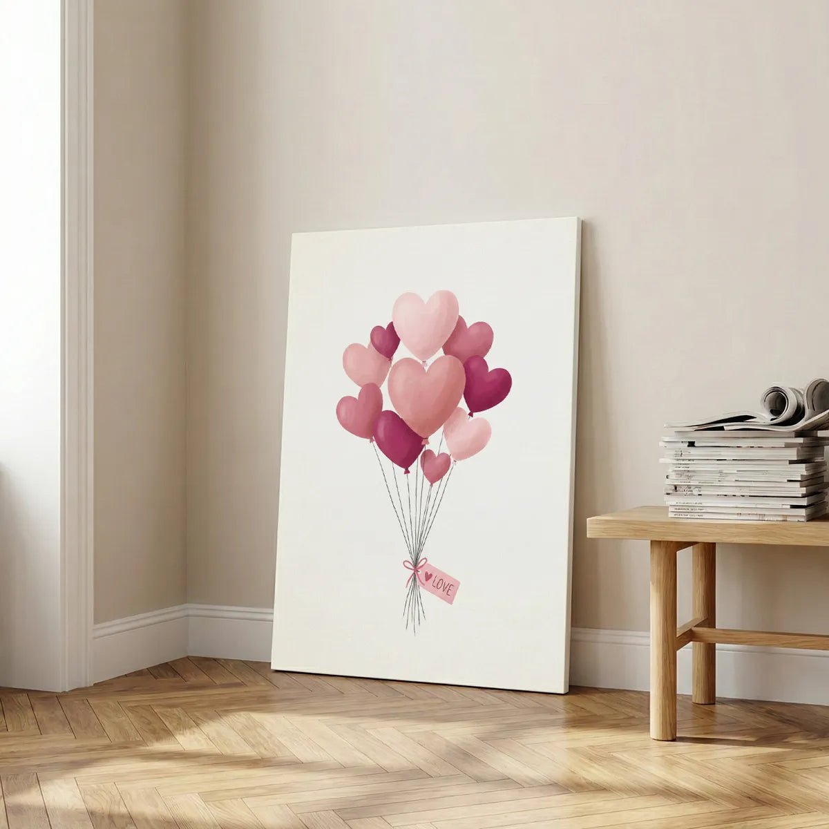 Romantic canvas print with clean lines and flat shading, depicting heart balloons gathered by a pink ribbon and labeled LOVE.