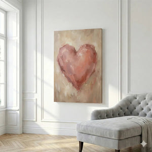 Impressionist canvas print showing a soft pink heart on a muted background with visible brushwork and warm tones.