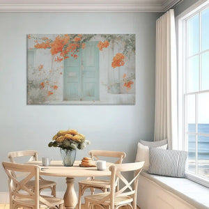 Vintage Mediterranean canvas wall art featuring turquoise doors and climbing orange flowers