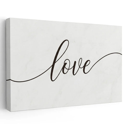 Elegant canvas wall art featuring the word 'love' in flowing black cursive on a clean white background.