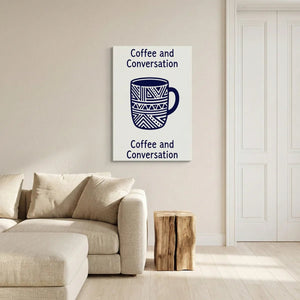 Modern canvas wall decor with a centralized mug illustration and bold typography in a monochrome navy palette.