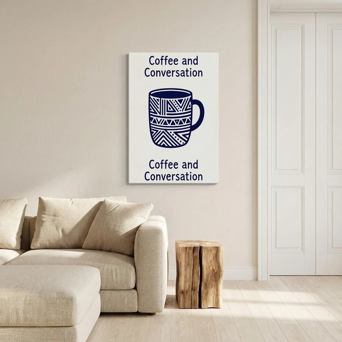 Modern canvas wall decor with a centralized mug illustration and bold typography in a monochrome navy palette.