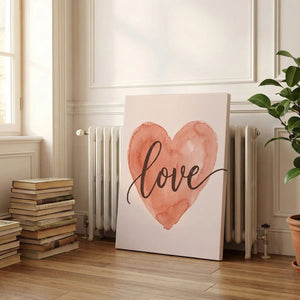 Modern canvas art showing a simple heart motif in soft tones with elegant handwritten text, evoking a gentle mood.