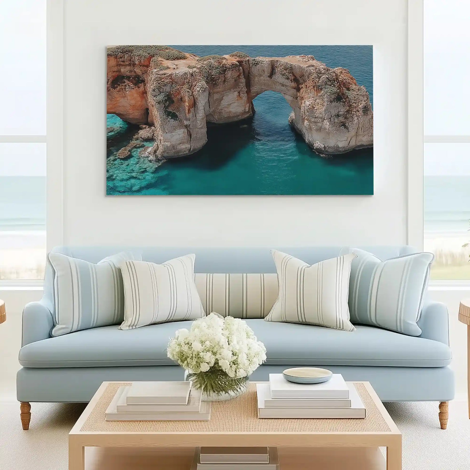 Serene Mediterranean arch painting complementing rustic nautical wall decor in modern spaces