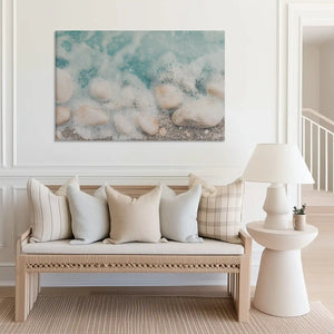 Large turquoise wave canvas print perfect for above sofa placement in airy spaces