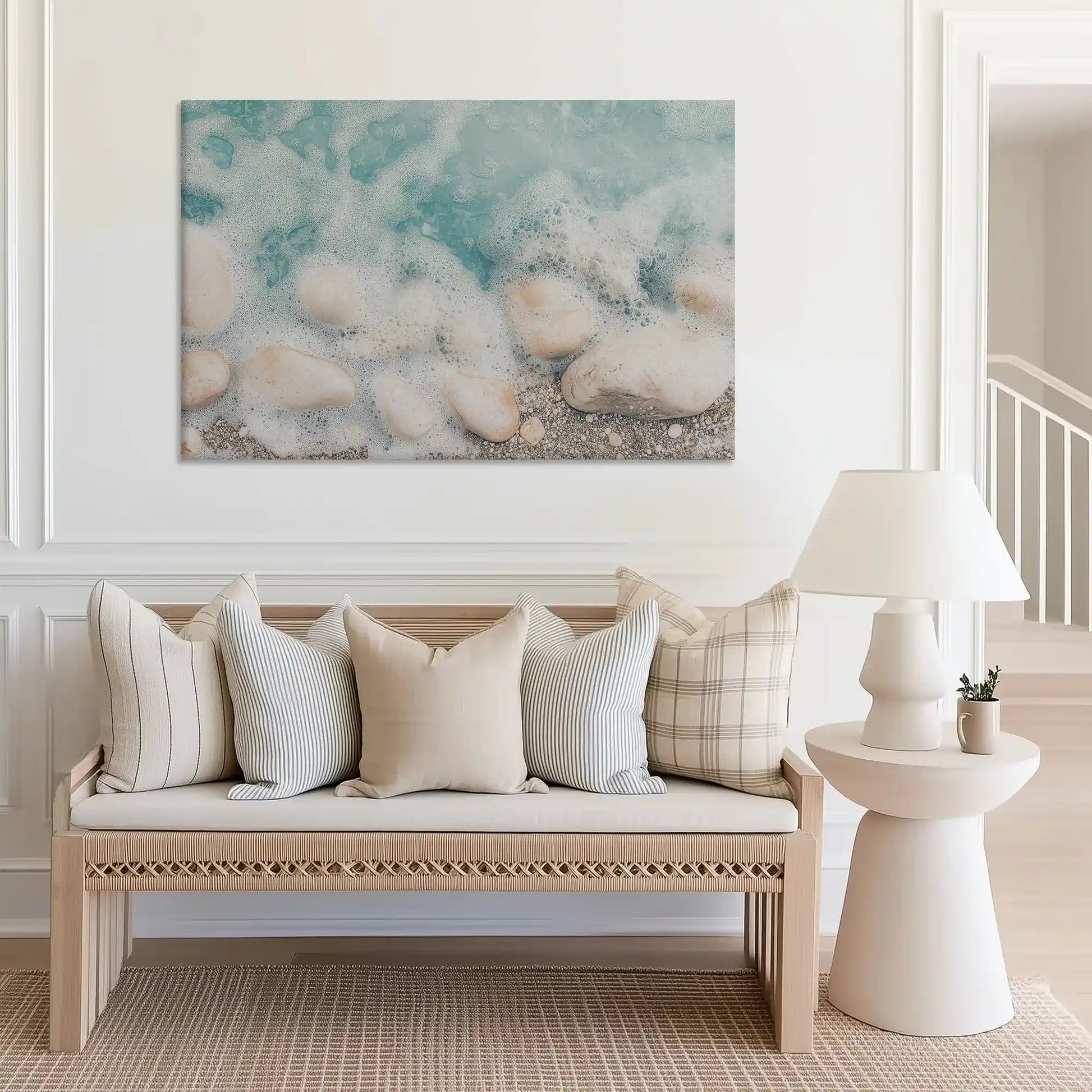 Large turquoise wave canvas print perfect for above sofa placement in airy spaces