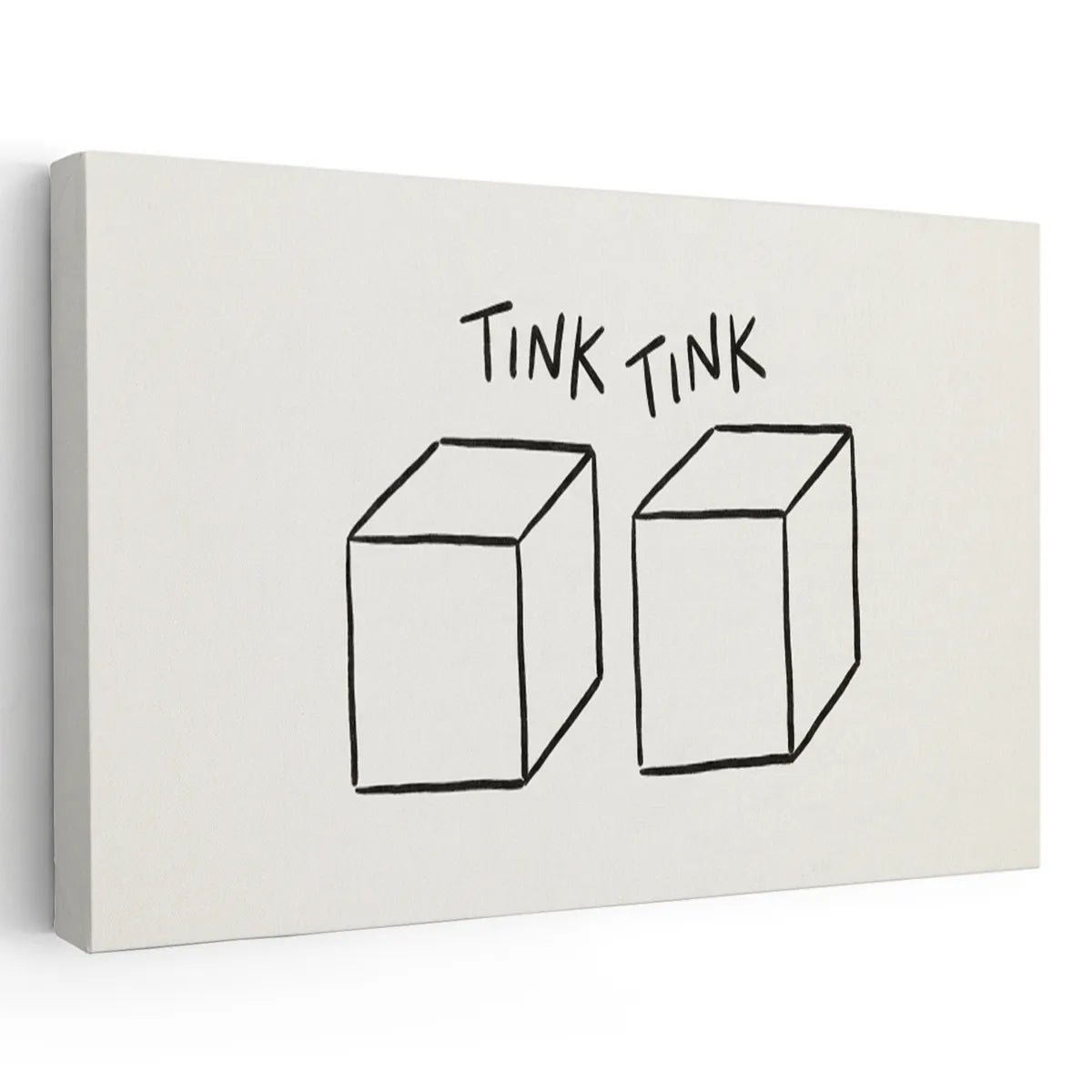 Minimalist canvas wall art featuring two black 3D cubes side by side with the text 'TINK TINK' above on a white background