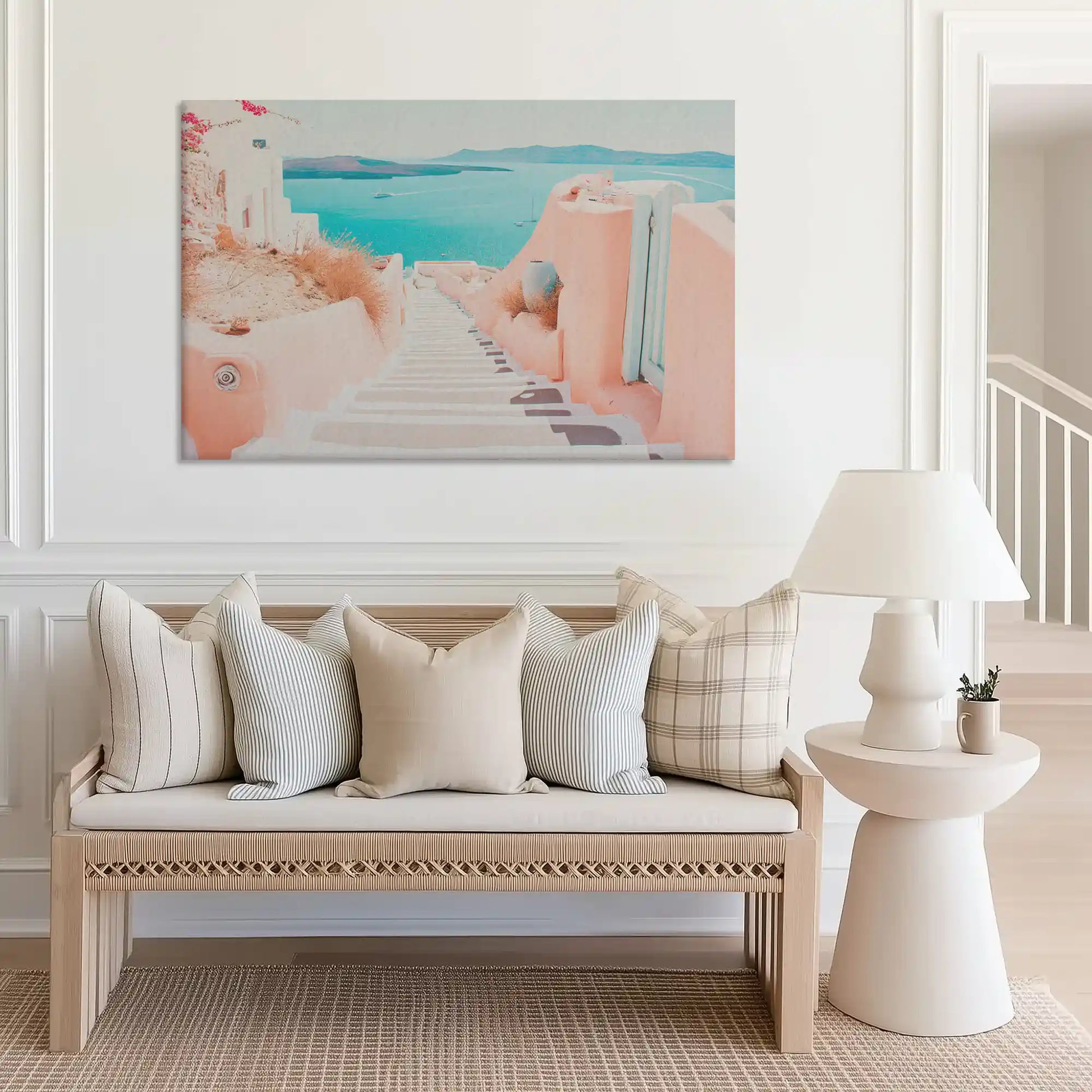 Sunlit coastal pathway captured in canvas print with modern travel style