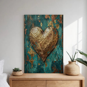 Gallery wrapped canvas showing a large gold heart on a weathered, textured background in an eclectic living space.