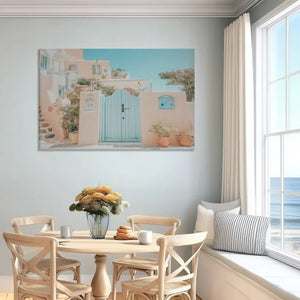 Large coastal wall art canvas showing Mediterranean homes in soft coastal color palette