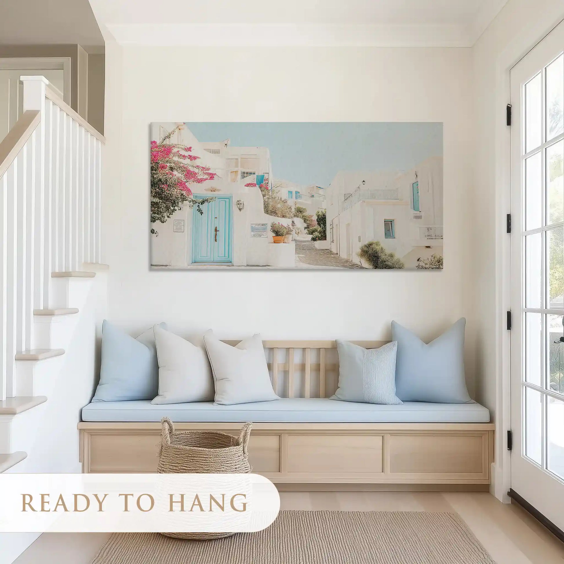 Calm village canvas art with blue and white tones for airy living room design