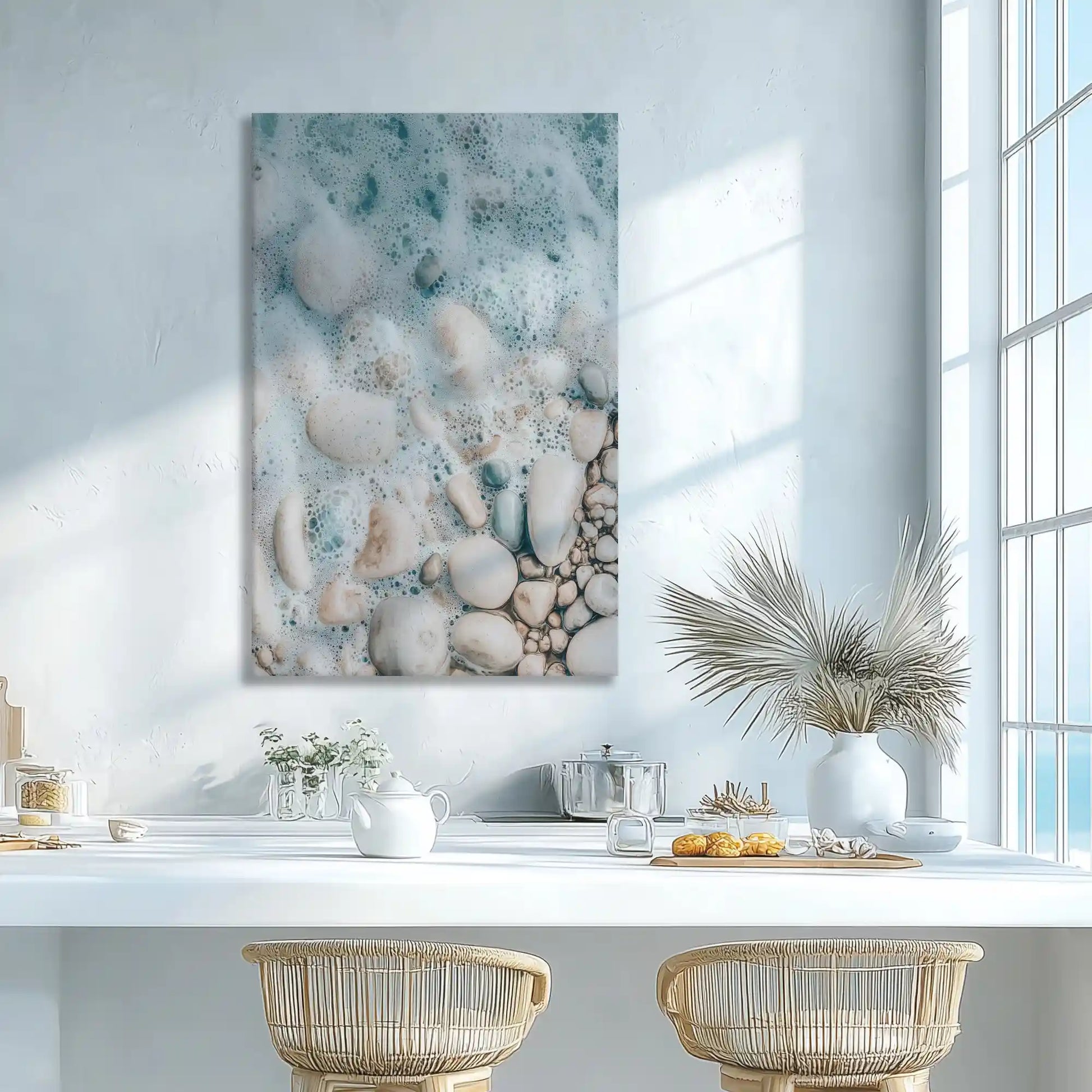 Turquoise wave and pebble canvas print adding fresh natural calm to modern wall decor