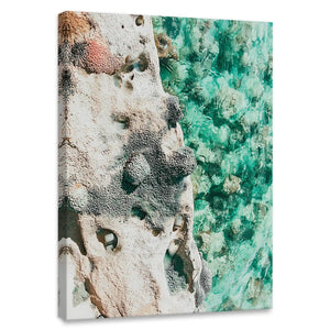 Abstract aerial coastal canvas wall art for bedroom with turquoise ocean and rocky textures