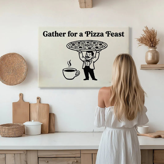 Vintage-style canvas wall art with black and white cartoon waiter and pizza, bold typography at the top