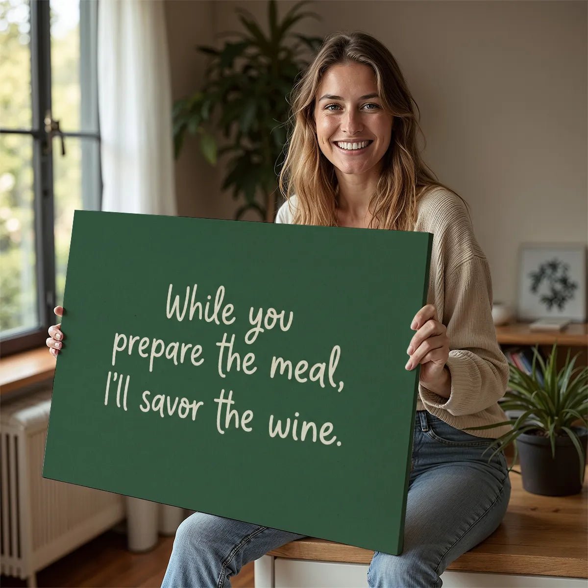 Dark green canvas wall art with off-white text and ample negative space around the centered quote