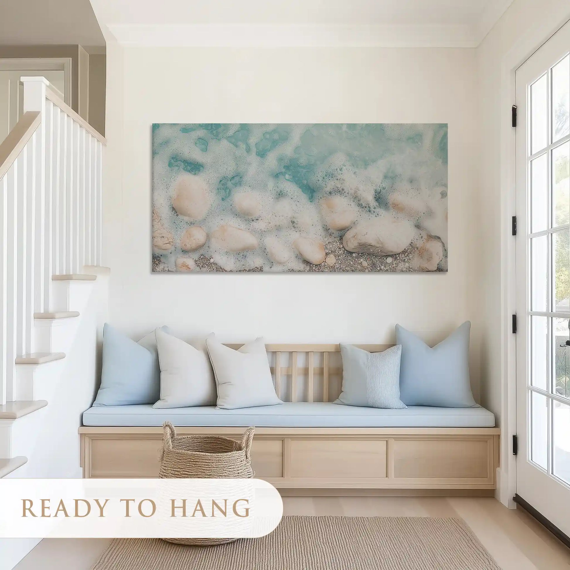 Calm turquoise wave canvas art with sandy tones for airy modern living rooms