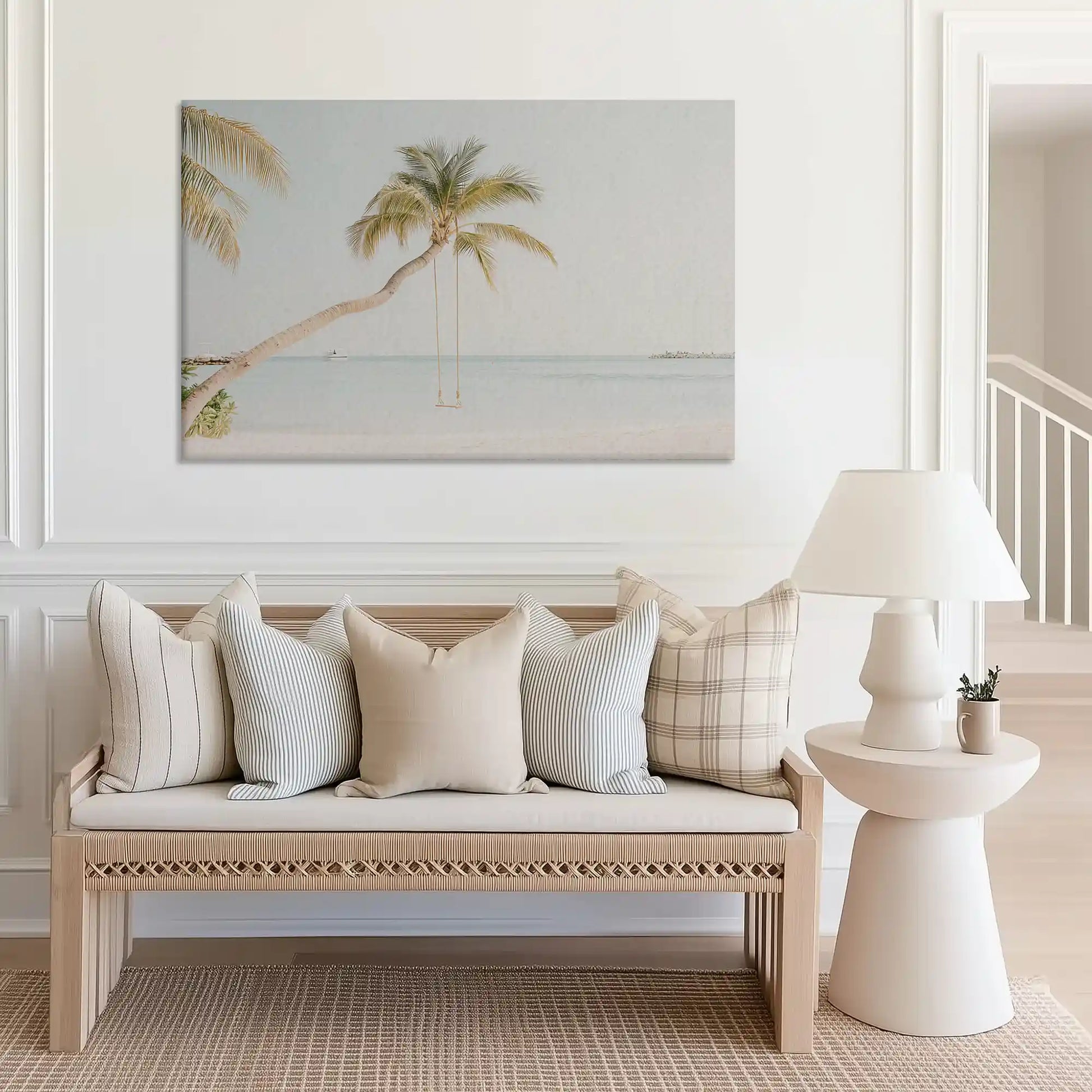 Large sandy shore canvas print perfect for above sofa placement in airy spaces